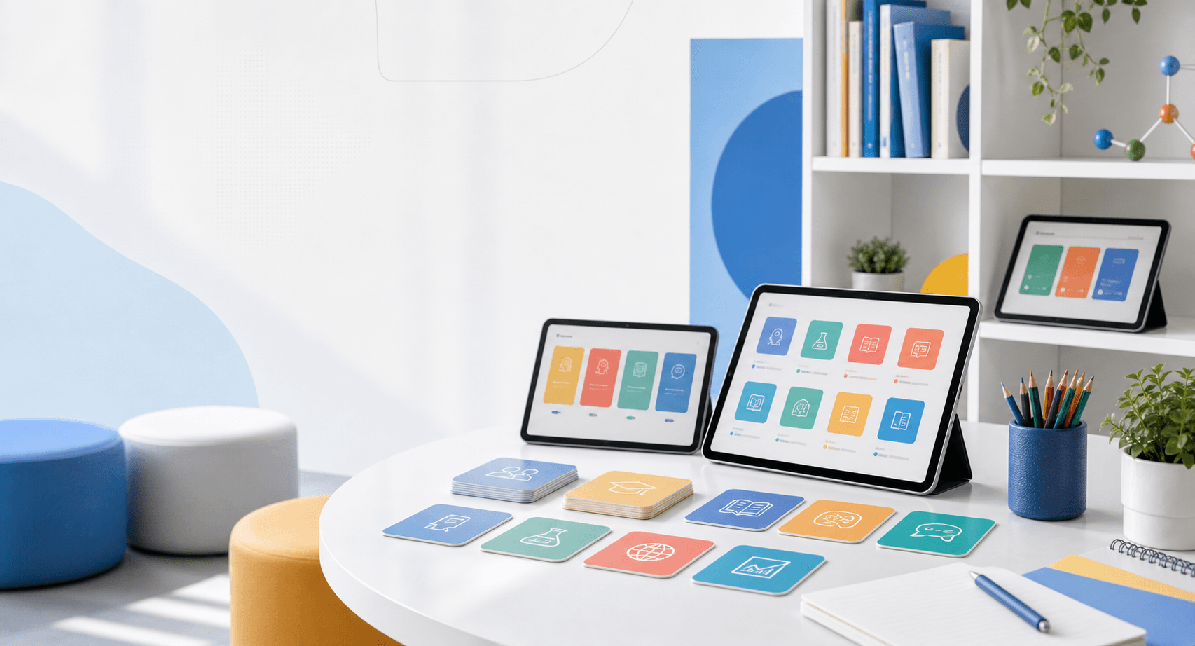 A bright Koydo app ecosystem table with tablets and learning cards