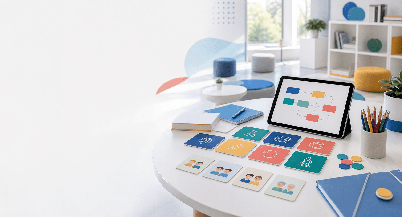 A bright Koydo discovery table with learning path cards and a tablet