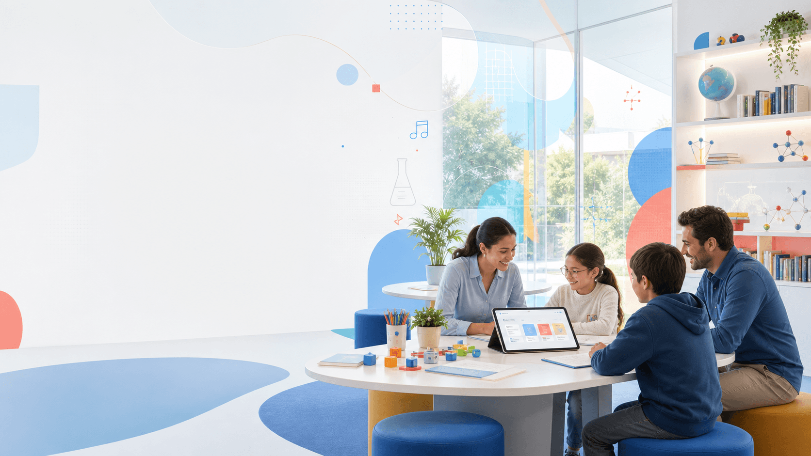 A bright Koydo learning studio with a family and learner working together.