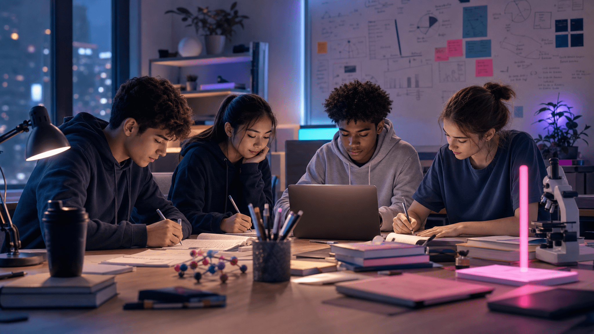 Academy learners studying together in a mature evening Koydo Academy workspace.