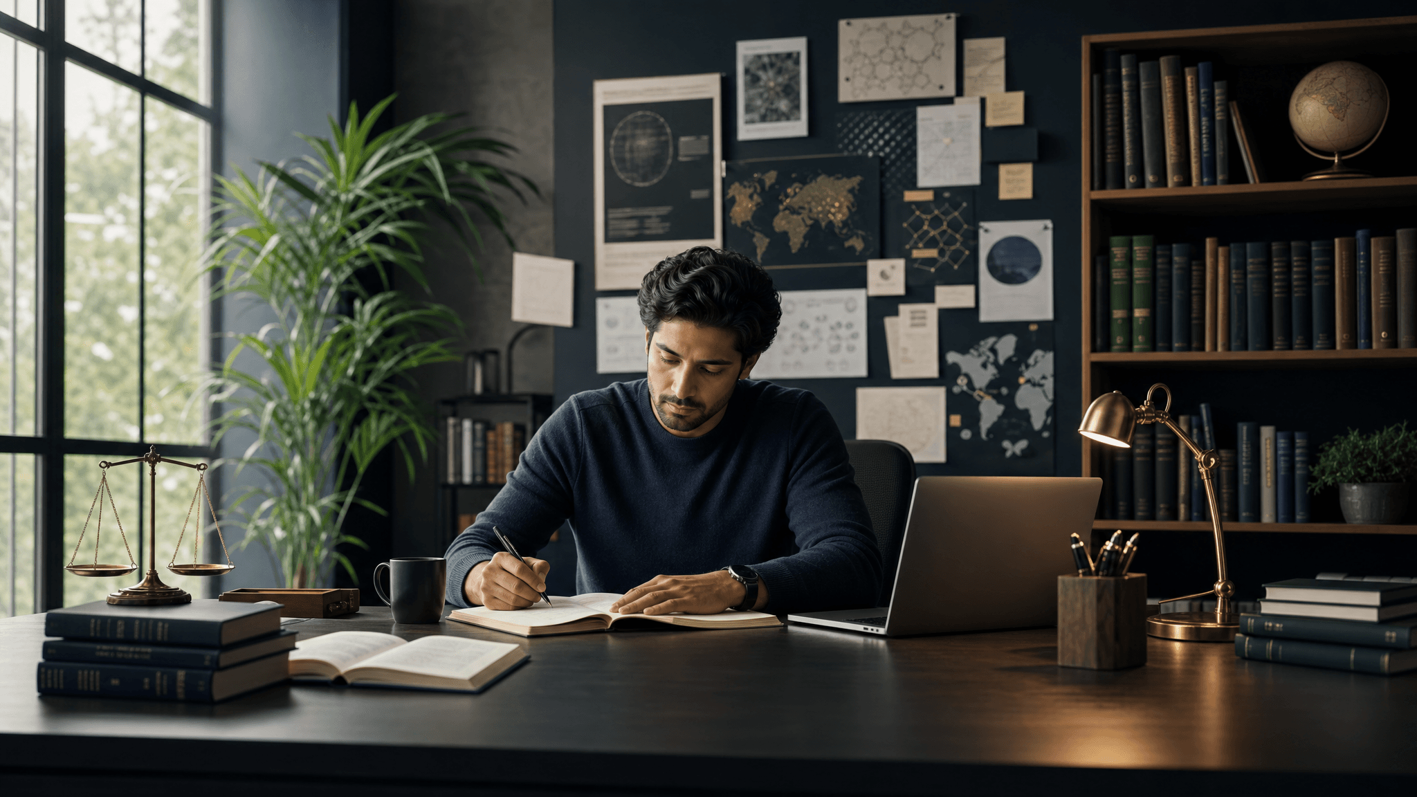 A graduate learner working in a quiet research workspace with advanced study materials.