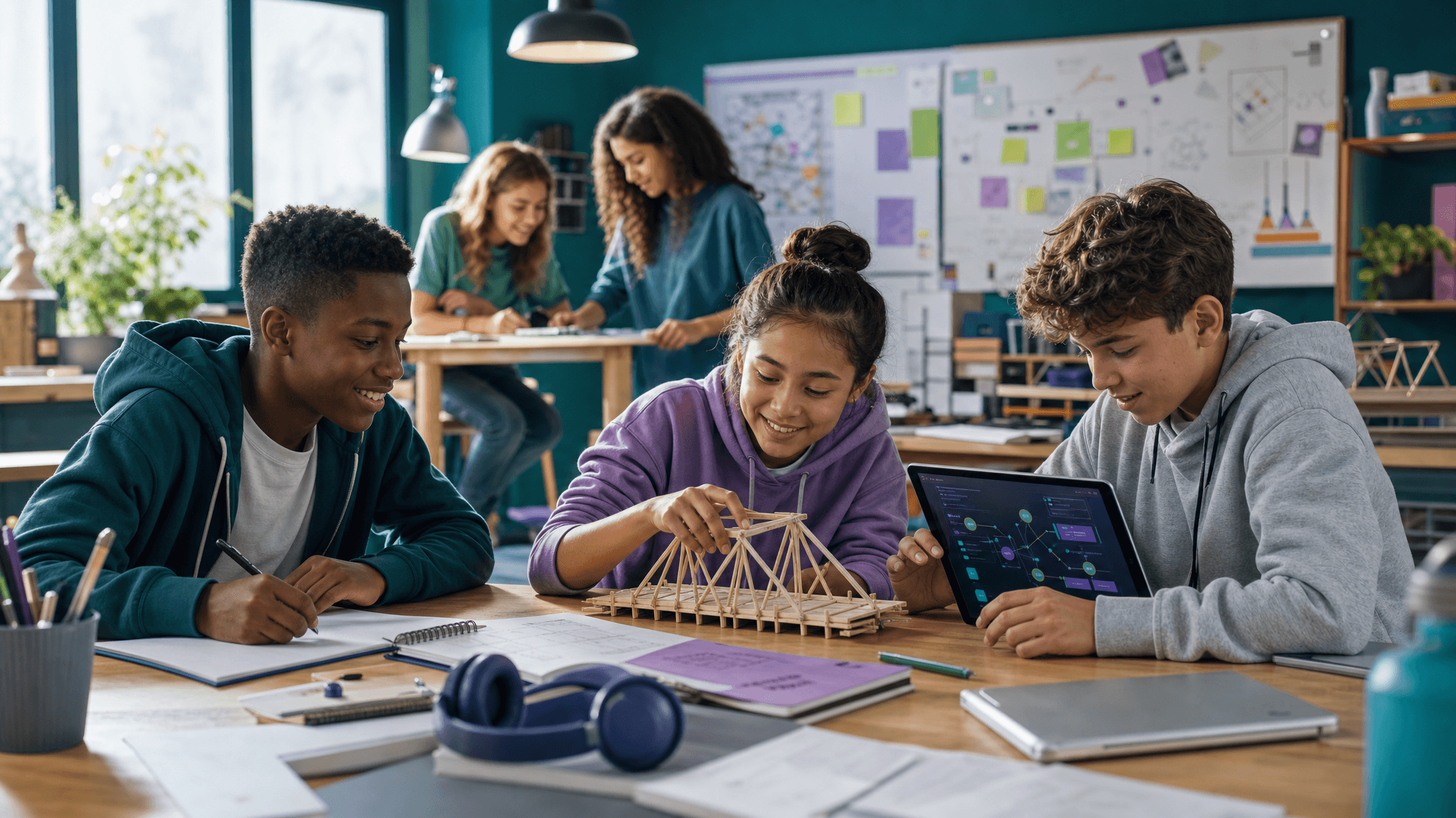 Middle school learners building a model bridge and studying together in a teal Koydo Learn maker space.