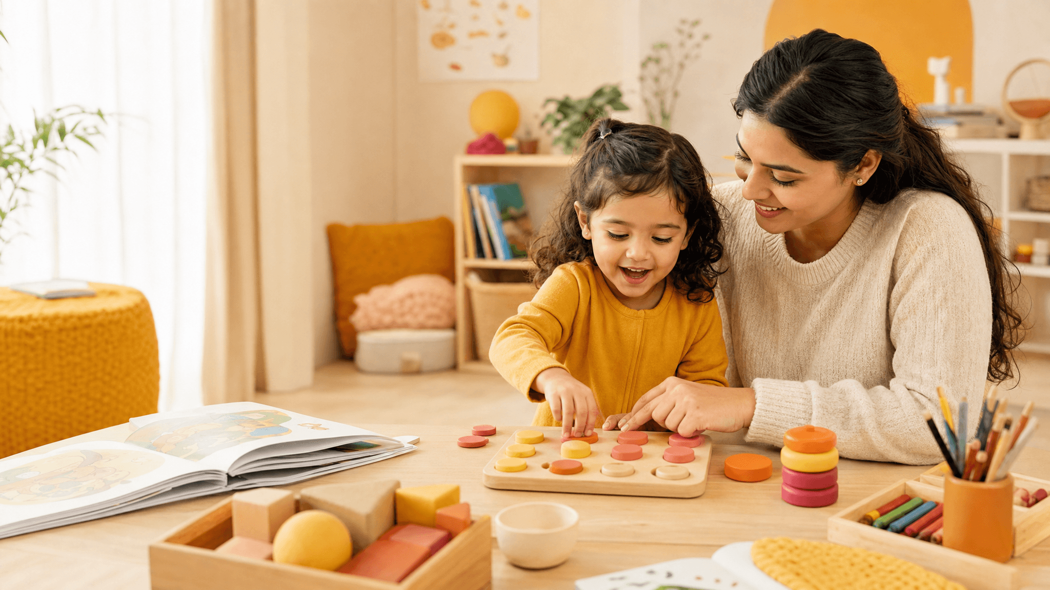 A parent-guided preschool learner exploring tactile counting pieces, books, and soft shapes in a warm Koydo Sprouts studio.