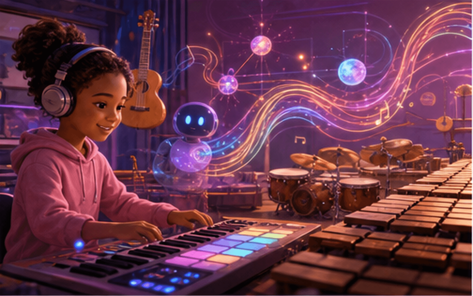 Music Academy studio with instruments and rhythm controls.