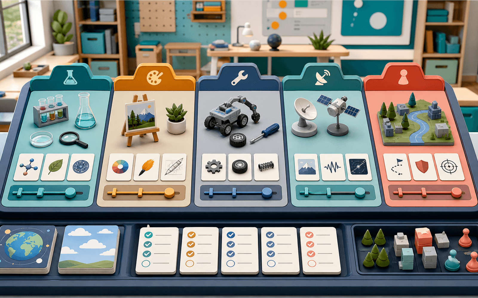 Koydo Wonderworks Creator Studio bench with learning simulation tiles and review checklists.