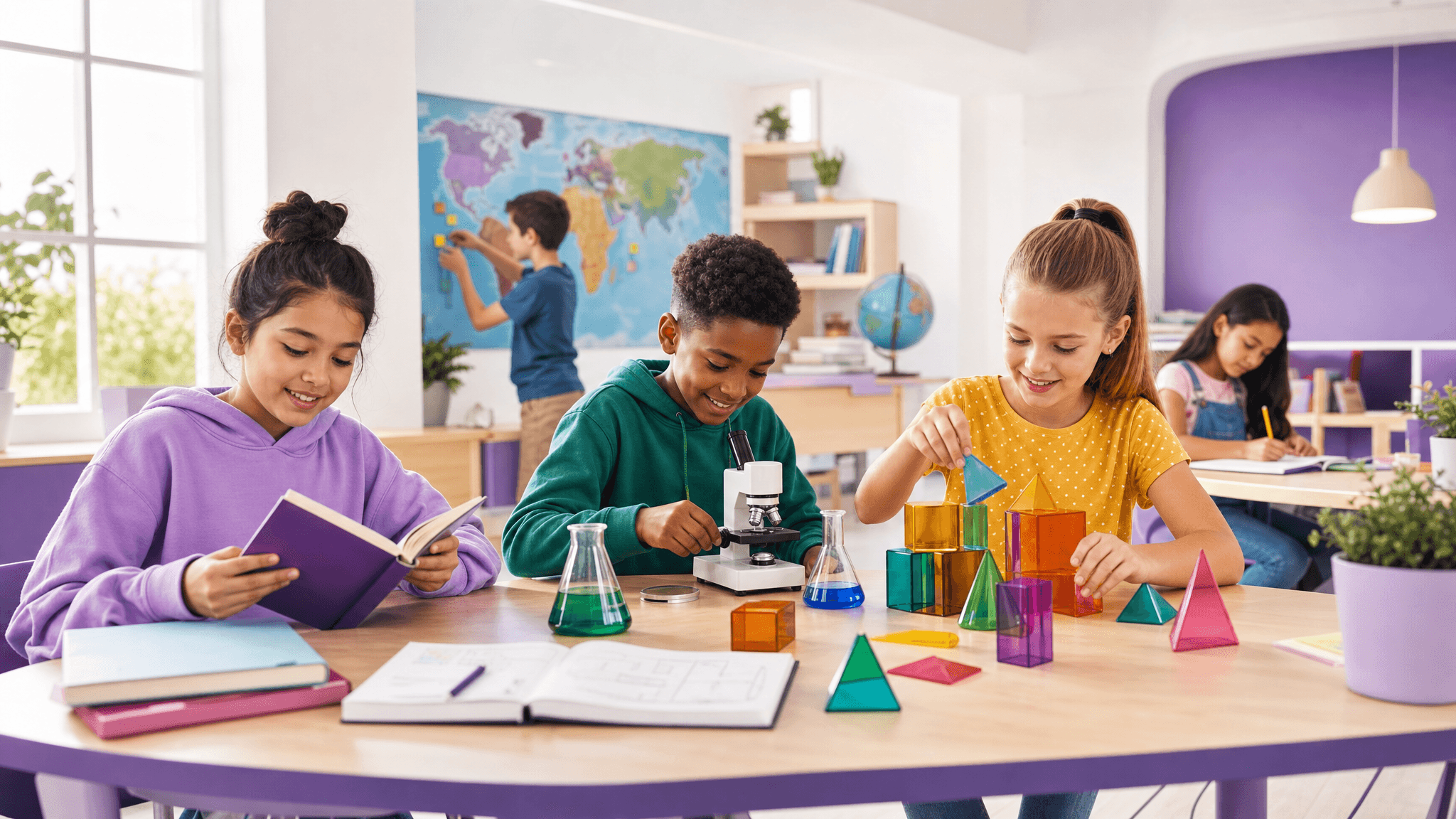 Elementary learners exploring reading, science, maps, and geometry in a bright Koydo Kids studio.