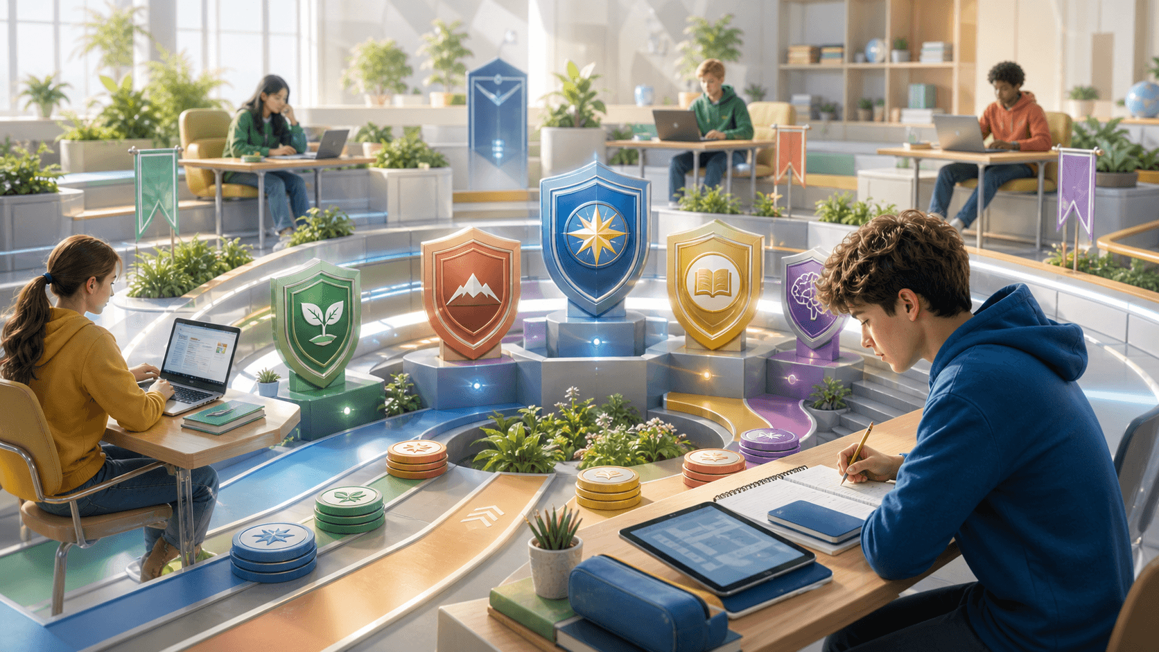 A bright Koydo learning arena with friendly progress tiers and study tokens