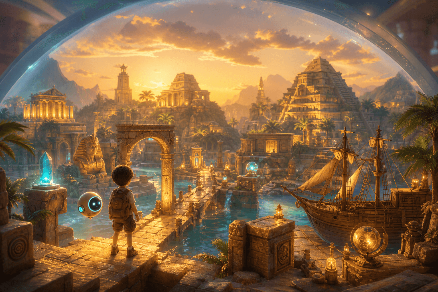 Concept art of a domed ancient-civilizations world with temples, pyramids, and a sailing ship at golden dusk.