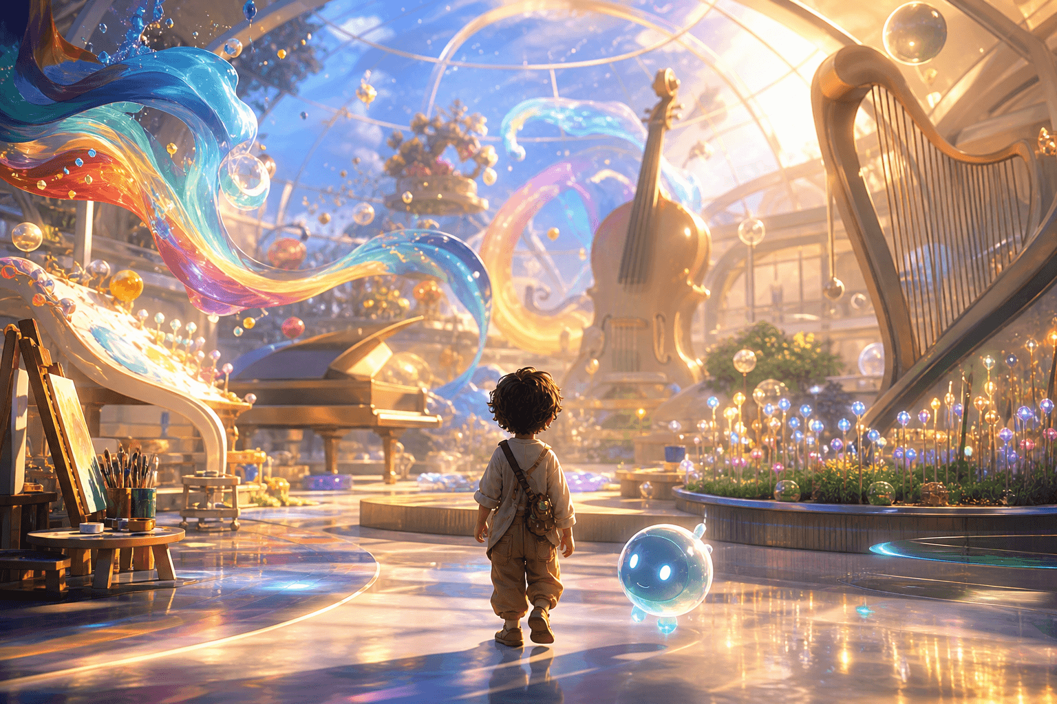 Concept art of a luminous creative arts-and-music world with oversized instruments and ribbons of colored light.