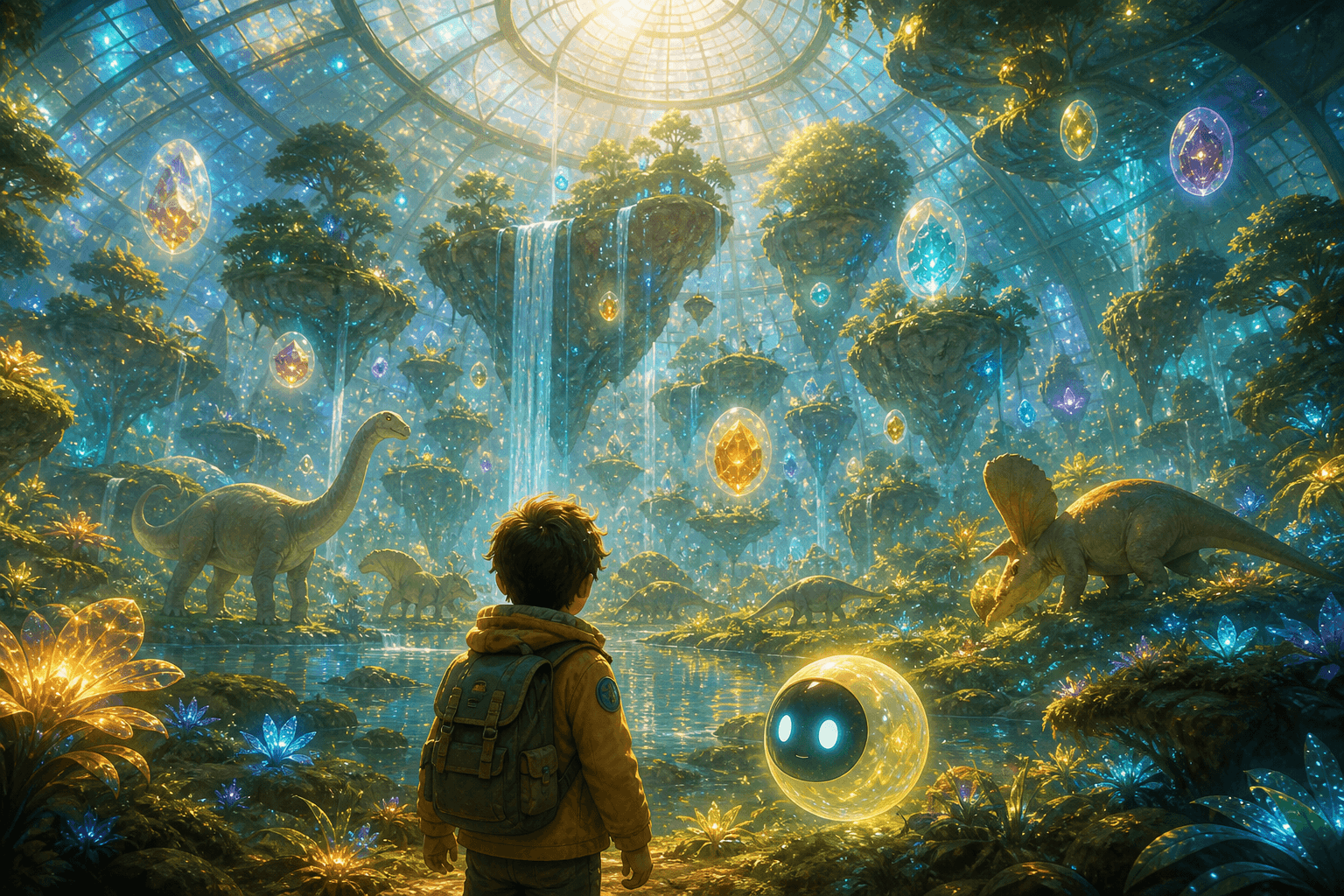 Concept art of a domed bioluminescent science-and-discovery exploration world with a young learner and a glowing AI guide.